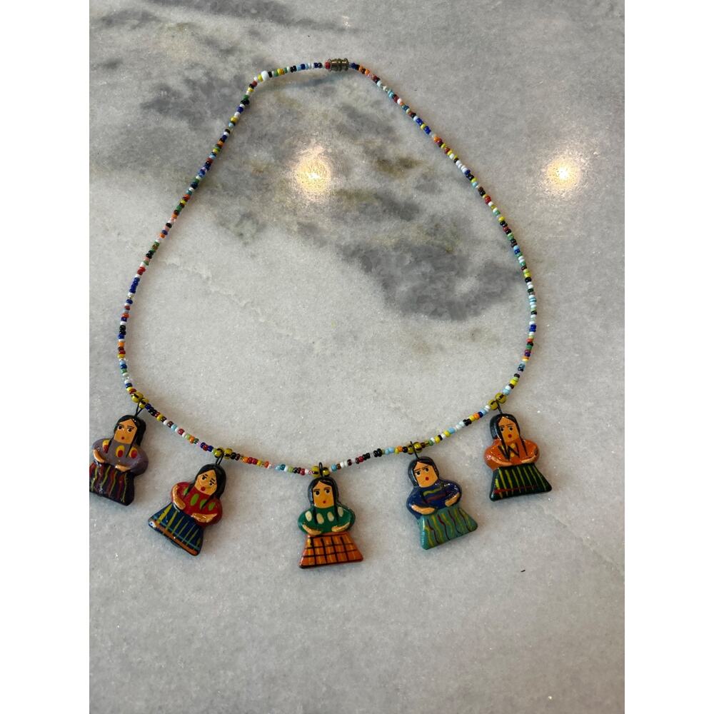 Hand Painted Wood and Seed Bead Nexklace with Five women